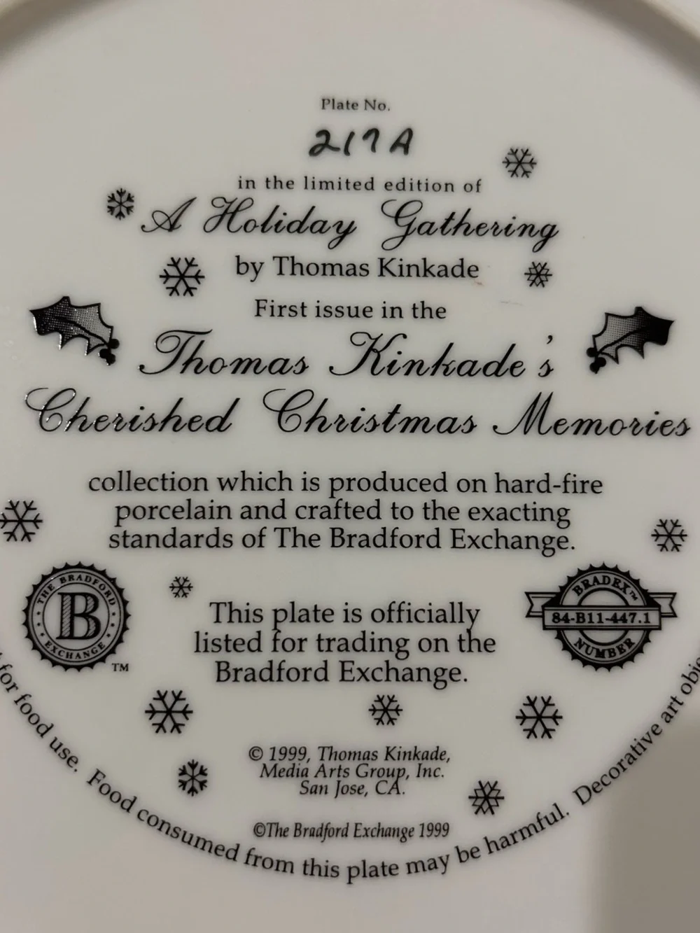 Vintage 1999 Thomas Kinkade Holiday Gathering Bradford Exchange Collector Plate